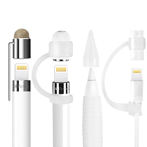 Product Cover [5-Piece] MEKO Accessories for Apple Pencil Cap Holder/Nib Cover/Lightning Cable Adapter Tether/ 2 in 1 Fiber Cap as Stylus/Soft Silicone Protective Grip for iPad Pro Pencil