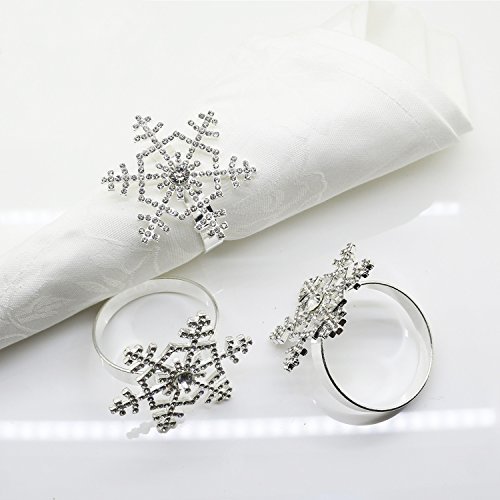 Product Cover Snowflake Napkin Rings Set of 12 for Christmas, Holidays, Dinners, Parties, Everyday Use, Silver (Silver Rhinestone)