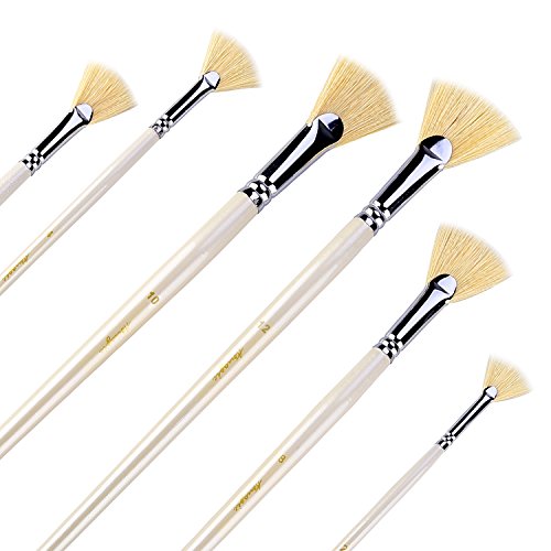 Product Cover Amagic Fan Brush Set- Artist Soft Anti-Shedding Hog Bristle Paint Brushes for Acrylic Watercolor Oil Painting, Long Wood Handle with Storage Case, Set of 6