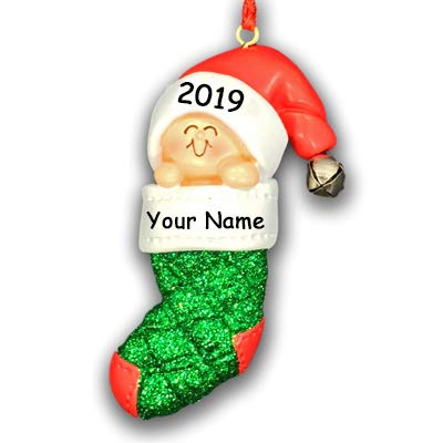 Product Cover Personalized 2019 Baby's First Christmas Baby with Santa Hat in Glitter Stocking Christmas Tree Ornament with Custom Name and Date