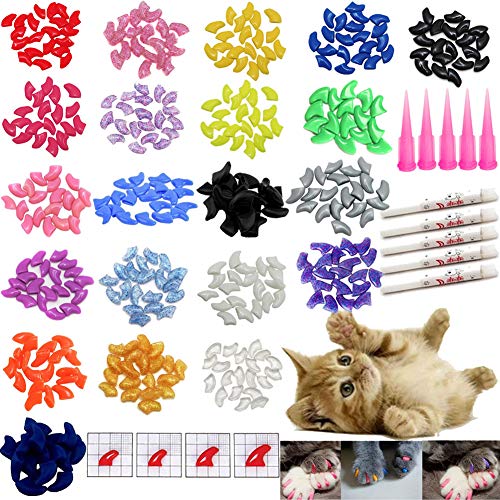 Product Cover VICTHY 100 PCS Soft Pet Cat Nail Caps Cats Paws Grooming Nail Claws Caps Covers of 5 Kinds 5Pcs Adhesive Glue Kitten Size