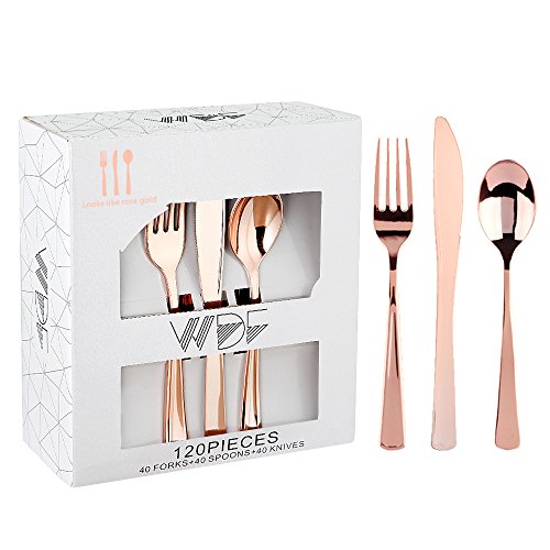 Product Cover 120 Pieces Rose Gold Plastic Silverware- Disposable Flatware Set-Heavyweight Plastic Cutlery- Includes 40 Forks, 40 Spoons, 40 Knives -WDF (Rose Gold Cutlery)