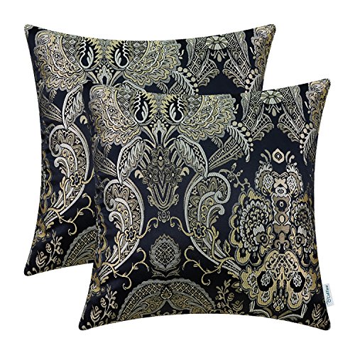 Product Cover CaliTime Pack of 2 Supersoft Throw Pillow Covers Cases for Couch Sofa Home Decor Vintage Damask Floral 18 X 18 Inches Black