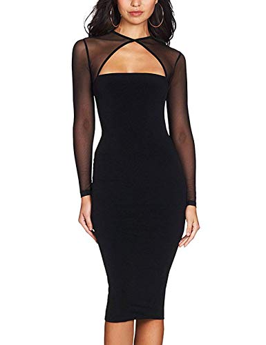 Product Cover Maketina Women Midi Length Cut Out Keyhole Party Bodycon Bandage Dress with Transparent Long Sleeves