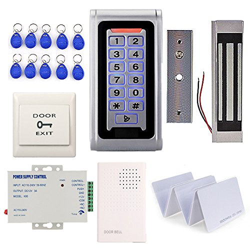 Product Cover Waterproof Metal RFID Keypad Door Entry Systems & 350lbs Electric Magnetic Lock+110V Power Supply+Push to Exit Button+RFID Keychains/Cards