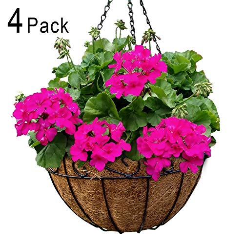 Product Cover 4 Pack Metal Hanging Planter Basket With Coco Coir Liner 12 Inch Round Wire Plant Holder With Chain Porch Decor Flower Pots Hanger Garden Decoration Indoor Outdoor Watering Hanging Baskets