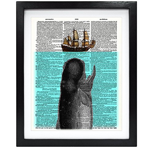 Product Cover Susie Arts 8X10 Unframed Sperm Whale with Ship Upcycled Vintage Dictionary Art Print Vintage Book Art Print Home Decor Funny Prints Wall Art V083