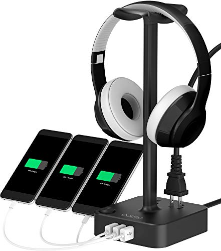Product Cover Headphone Stand with USB Charger COZOO Desktop Gaming Headset Holder Hanger with 3 USB Charger and 2 Outlets - Suitable for Gaming, DJ, Wireless Earphone Display (Black)