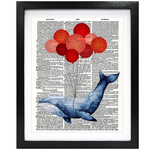 Product Cover Susie Arts 8X10 Unframed Whale with Red Balloons Upcycled Vintage Dictionary Art Print Book Art Print Funny Art Print Funny Wall Art V076
