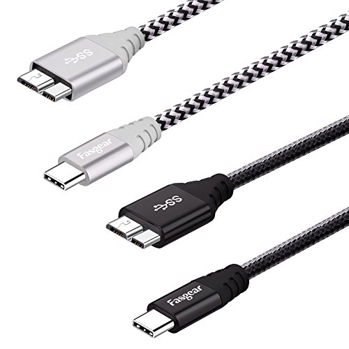 Product Cover USB C to Micro B Cord, [2-pcs] Fasgear Nylon Braided Metal Connector Type C 3.0 to Micro B Cables(1ft), Fast Charge Sync Compatible with Toshiba Canvio, Galaxy S5 Note 3 and More (1ft, Black, Gray)