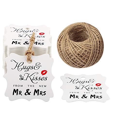 Product Cover Original Design Wedding Favor Gift Tags, 100 PCS White Square Tags with 100 Feet Natural Jute Twine Perfect for Bridal Baby Shower Anniversary- Hugs & Kisses from The New Mr & Mrs