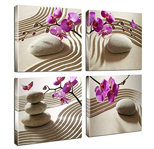 Product Cover Canvas Print Wall Art-Spa Wall Decor Butterfly Orchid Painting Zen Spa Purple Phalaenopsis Flowers On White Balance Stones 4 Panel Paintings Modern Artwork For Living Room Decoration Flower Home Decor