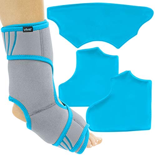 Product Cover Vive Ankle Ice Pack Wrap - Foot Cold / Hot Compression Brace - Adjustable Freeze Support For Cooling / Heating Achilles Injuries, Tendonitis, Plantar Fasciitis, Sore Feet, Inflammation, Muscle  Sprain