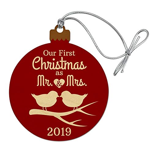 Product Cover GRAPHICS & MORE Our First Christmas as Mr and Mrs 2019 Married Kissing Birds Red Background Wood Christmas Tree Holiday Ornament