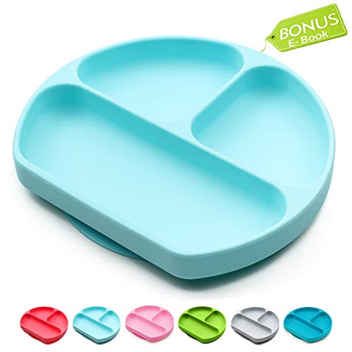 Product Cover Suction Plates for Toddlers, Children, Babies, Silicone Placemats for Kids Stick to Portable High Chair and Table, Baby Dishes - Kids Plates + Bowls (Light Blue)
