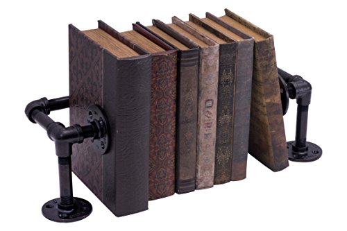 Product Cover PIPE DÉCOR Black Cast Iron Pipe Bookends, Rustic and Industrial Metal Book Ends for Home or Office Shelves, Unique Decorative Book Holders/Shelf Dividers in a Black Electroplated Finish