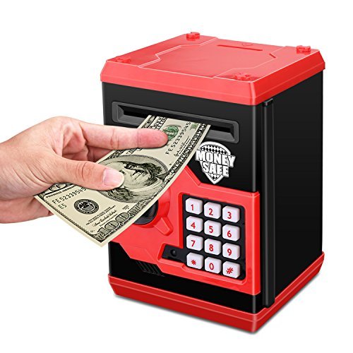 Product Cover Zonkin Cartoon Electronic ATM Password Piggy Bank Cash Coin Can Auto Scroll Paper Money Saving Box Gift For Kids (black red)
