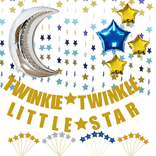 Product Cover KUNGYO Twinkle Twinkle Little Star Decorations Kit-Glittery Gold Banner-Star Garland -Cupcake Toppers-Moon&Star Mylar Foil Balloons -Perfect Baby Shower Birthday Party Decor Supplies (Blue)