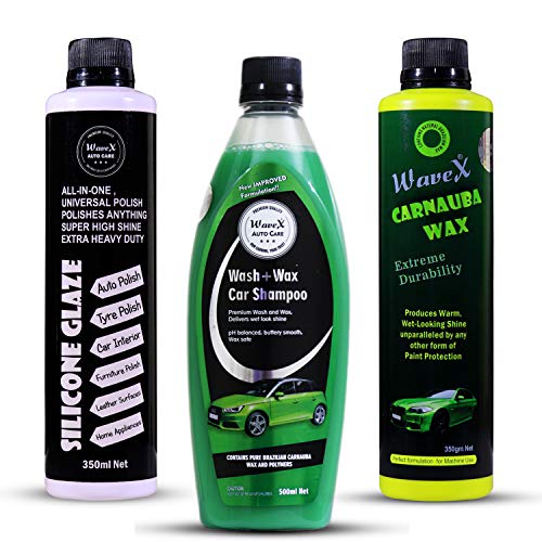 Product Cover Wavex® Complete Car Care Kit Contains Wash and Wax Car Shampoo 500ml,Silicone Glaze - All Purpose Polish 350ml, Carnauba Wax Polish 350ml