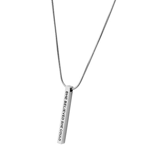 Product Cover LADEMAYH She Believed she Could, so she did Inspirational Bar Necklace Engraved Words Personalized Necklaces for Girls, Stainless Steel Vertical Mantra Necklace