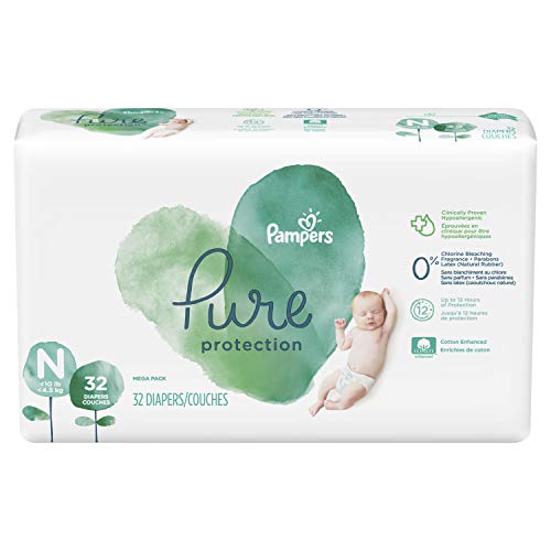 Product Cover Diapers Newborn/Size N (>10 lb), 32 Count - Pampers Pure Protection Disposable Baby Diapers, Hypoallergenic and Unscented Protection