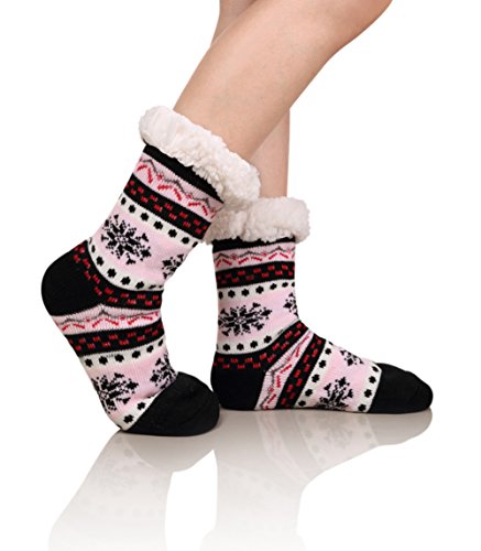 Product Cover DoSmart Womens Winter Thermal Snowflake Fleece Lining Fuzzy Warm Indoor Home Socks (Black&Pink)