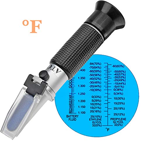 Product Cover Antifreeze Refractometer Displaying in Fahrenheit for Checking Freezing Point of Automobile Antifreeze Systems and Battery Fluid Condition. Battery Acid, Glycol, Coolant, Antifreeze Tester
