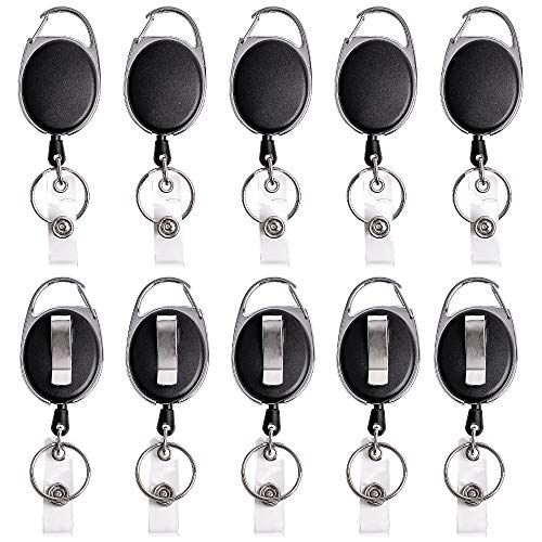 Product Cover Retractable Badge Reel with Carabiner Belt Clip and Key Ring for ID Card Key Keychain Badge Holder Black 10 Pack by NATUREBELLE