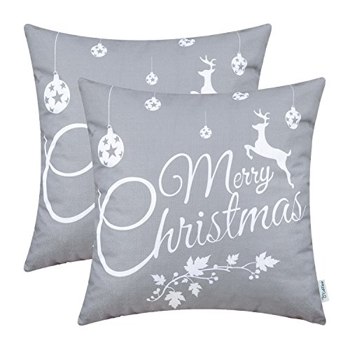 Product Cover CaliTime Pack of 2 Soft Canvas Throw Pillow Covers Cases for Couch Sofa Home Decoration Merry Christmas White Reindeer 18 X 18 Inches Gray