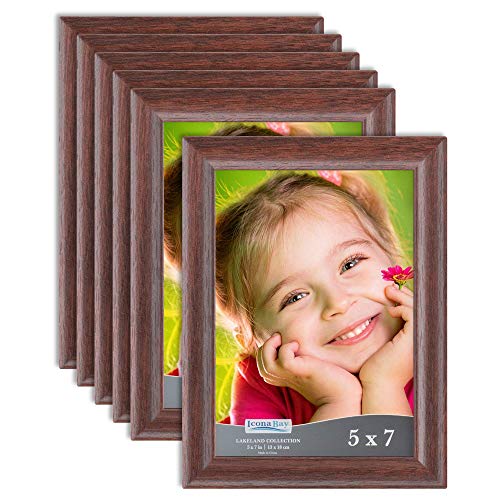 Product Cover Icona Bay 5x7 Picture Frame (6 Pack, Teak Wood Finish), Photo Frame 5 x 7, Composite Wood Frame for Walls or Tables, Set of 6 Lakeland Collection
