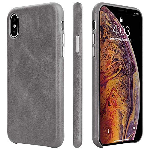 Product Cover TOOVREN iPhone Xs Case, iPhone X/10 Case Genuine Leather Cover Case Protective Ultra Thin Anti-Slip Vintage Shell Hard Back Cover for Apple iPhone X/Xs 5.8'' (2018) Grey