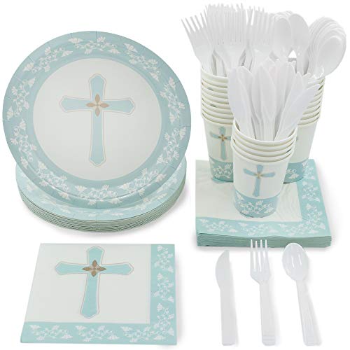 Product Cover Disposable Dinnerware Set - Serves 24 - Religious Party Supplies for Baptism, Church Events, Includes Plastic Knives, Spoons, Forks, Paper Plates, Napkins, Cups