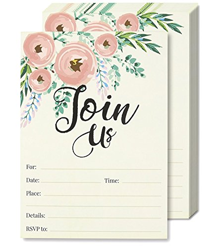 Product Cover Watercolor Join Us Invitation Cards - 50 Fill-in Floral Classy Invites with Envelopes for Kids Birthday, Bridal Shower, Wedding, 5 x 7 Inches, Postcard Style
