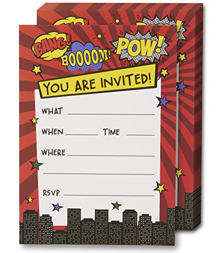 Product Cover Superhero Invitation Cards - 24 Fill-in Invites with Envelopes for Kids Birthday Bash and Theme Party, 5 x 7 Inches, Postcard Style