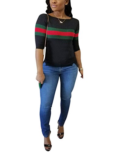 Product Cover Women's Casual Ribbed Ribbon Stripe Patchwork Half Sleeve T-Shirt Tops Black XL