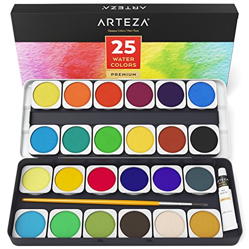 Product Cover Arteza Premium Watercolor Paint Set, 25 Vibrant Color Cakes, Includes Paint Brush (Set of 25)