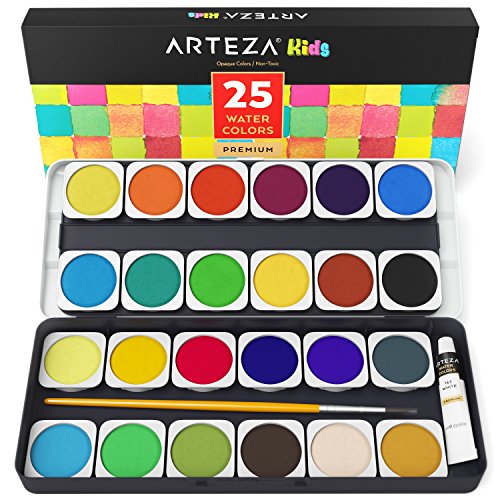 Product Cover ARTEZA Kids Premium Watercolor Paint Set, 25 Vibrant Color Cakes, Includes Paint Brush (Set of 25)