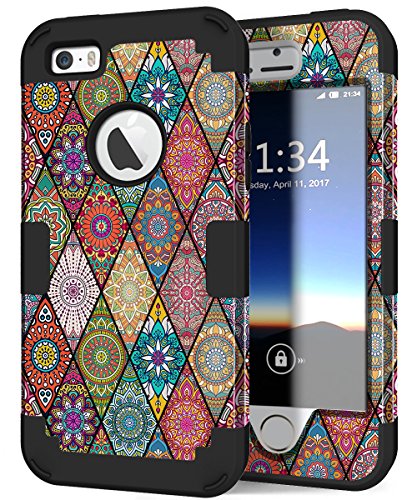 Product Cover iPhone 5s Case, iPhone SE Case, Hocase Heavy Duty Shockproof Protection Hard Plastic+Silicone Rubber Bumper Dual Layer Full-Body Protective Phone Case for iPhone SE/5s/5 - Mandala/Black