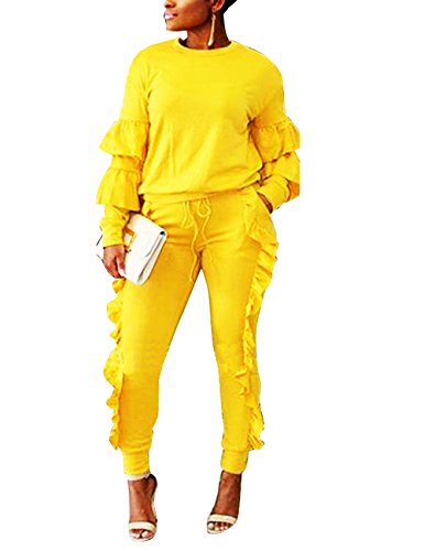 Product Cover Akmipoem Women's Two Piece Outfits Ruffle Sleeve Sweatshirt and Long Pants Tracksuit