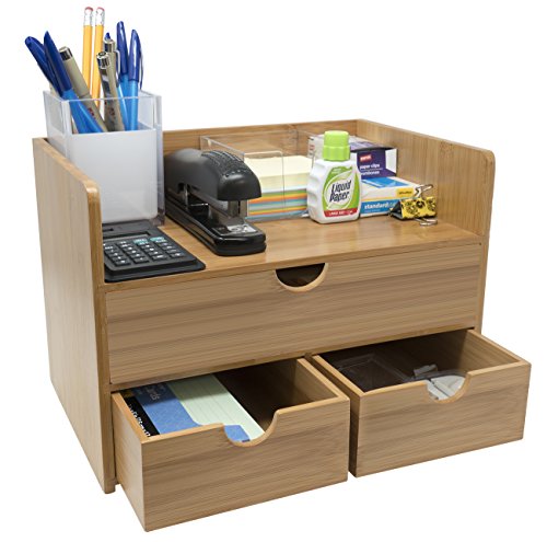 Product Cover Sorbus 3-Tier Bamboo Shelf Organizer for Desk with Drawers - Mini Desk Storage for Office Supplies, Toiletries, Crafts, etc - Great for Desk, Vanity, Tabletop in Home or Office
