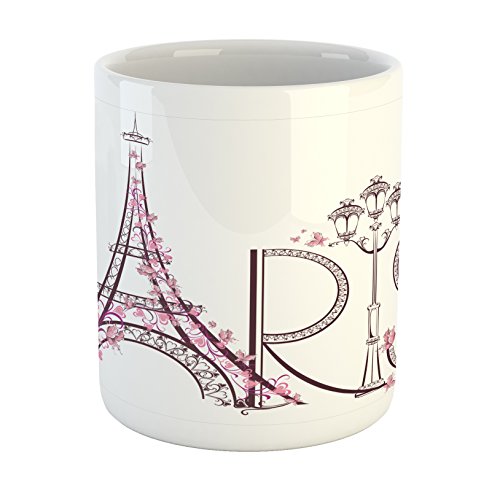 Product Cover Lunarable Paris Mug, Tower Eiffel with Paris Lettering Couple Trip Flowers Floral Design Print, Ceramic Coffee Mug Cup for Water Tea Drinks, 11 oz, Pink Plum