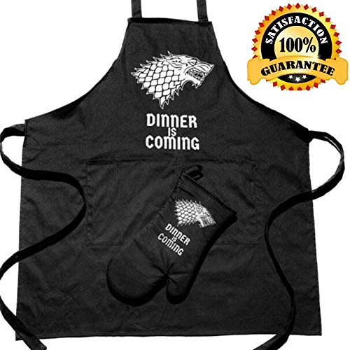 Product Cover Premium Quality Dinner is Coming Game of Thrones Merchandise, Apron for Cooking, Baking, Grilling, Gardening, Cleaning, Sewing, Crafting, Woodworking or BBQ with Bonus Oven Mitt-Funny Gift