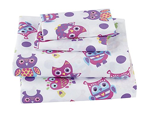 Product Cover Fancy Collection 4pc Full Size Sheet Set Owl White Purple Pink Yellow Blue Green New