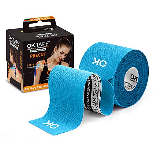 Product Cover OK TAPE Sports Kinesiology Tape - 20 Strips Precut Latex Free Waterproof Athletic Tape for Pain Relief, Supports and Stabilizes Muscles & Joints Lasts Upto 3 Days- 2inch x 16.4 feet Roll Light Blue