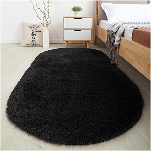 Product Cover Softlife Fluffy Area Rugs for Bedroom 2.6' x 5.3' Oval Shaggy Floor Carpet Cute Rug for Boys Kids Room Living Room Home Decor, Black