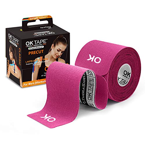 Product Cover OK TAPE Sports Kinesiology Tape - 20 Strips Precut Latex Free Waterproof Athletic Tape for Pain Relief, Supports and Stabilizes Muscles & Joints Lasts Upto 3 Days- 2inch x 16.4 feet Roll Pink