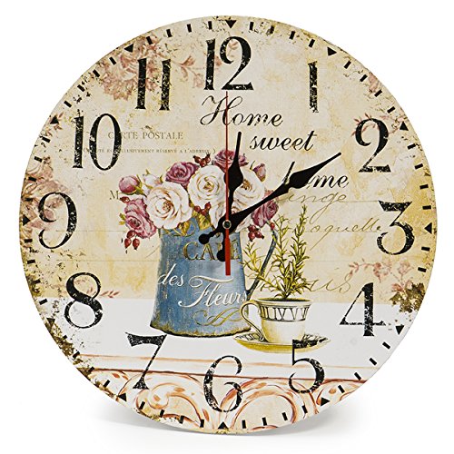 Product Cover LOHAS Home 12 Inch Silent Vintage Design Wooden Round Wall Clock Arabic Numerals Design Rustic Country Style Wooden Decor Round Wall Clock(Cafe & Flower)