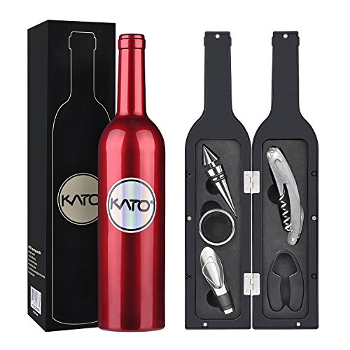Product Cover Kato Wine Accessories Gift Set - Wine Bottle Corkscrew Opener Kit, Drip Ring, Foil Cutter and Wine Pourer and Stopper in Novelty Bottle-Shaped Case for Christmas Gift, Red