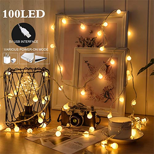 Product Cover 100 LED Globe String Lights, Ball Christmas Lights, Indoor / Outdoor Decorative Light, USB Powered, 39 Ft, Warm White Light - for Patio Garden Party Xmas Tree Wedding Decoration (NO INCLUE USB PLUG)