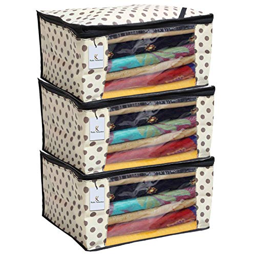 Product Cover Kuber IndustriesTM Polka Dots Saree Cover/Regular Cloth Bag/Wardrobe Organiser Set of 3 Pcs (Ivory)